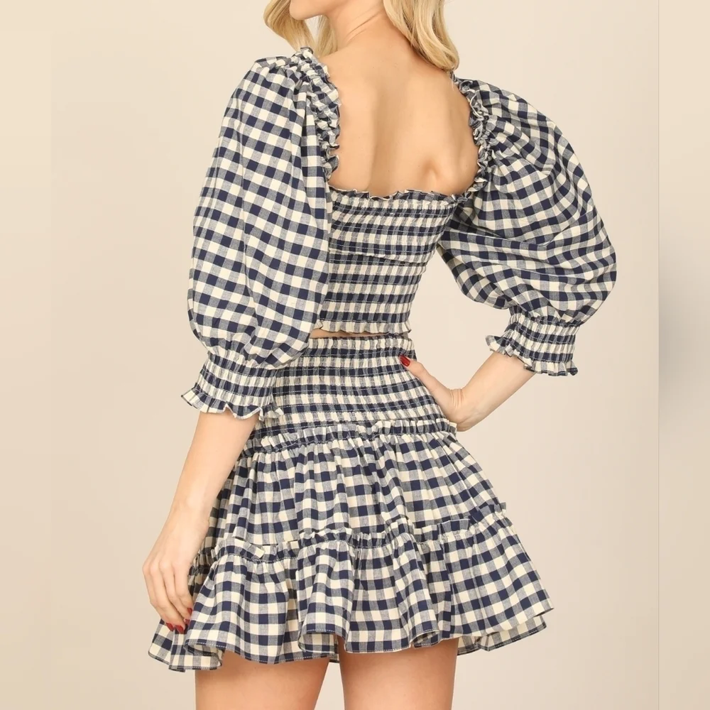 Olivaceous Navy Plaid Puff Sleeve Smocked Crop Top Ruffle Skirt Set - Picture 2 of 7